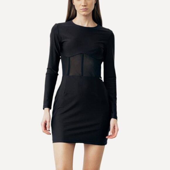NWT Zara Satin Mesh Corset Long Sleeve Dress in Black Size Medium - Picture 1 of 7